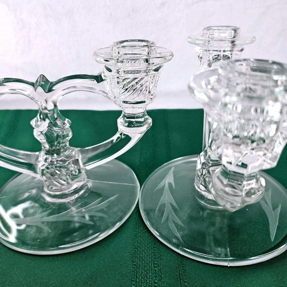 Pair Vintage Etched Glass Taper Candle Holders Double Arm Candelabra Crystal‎